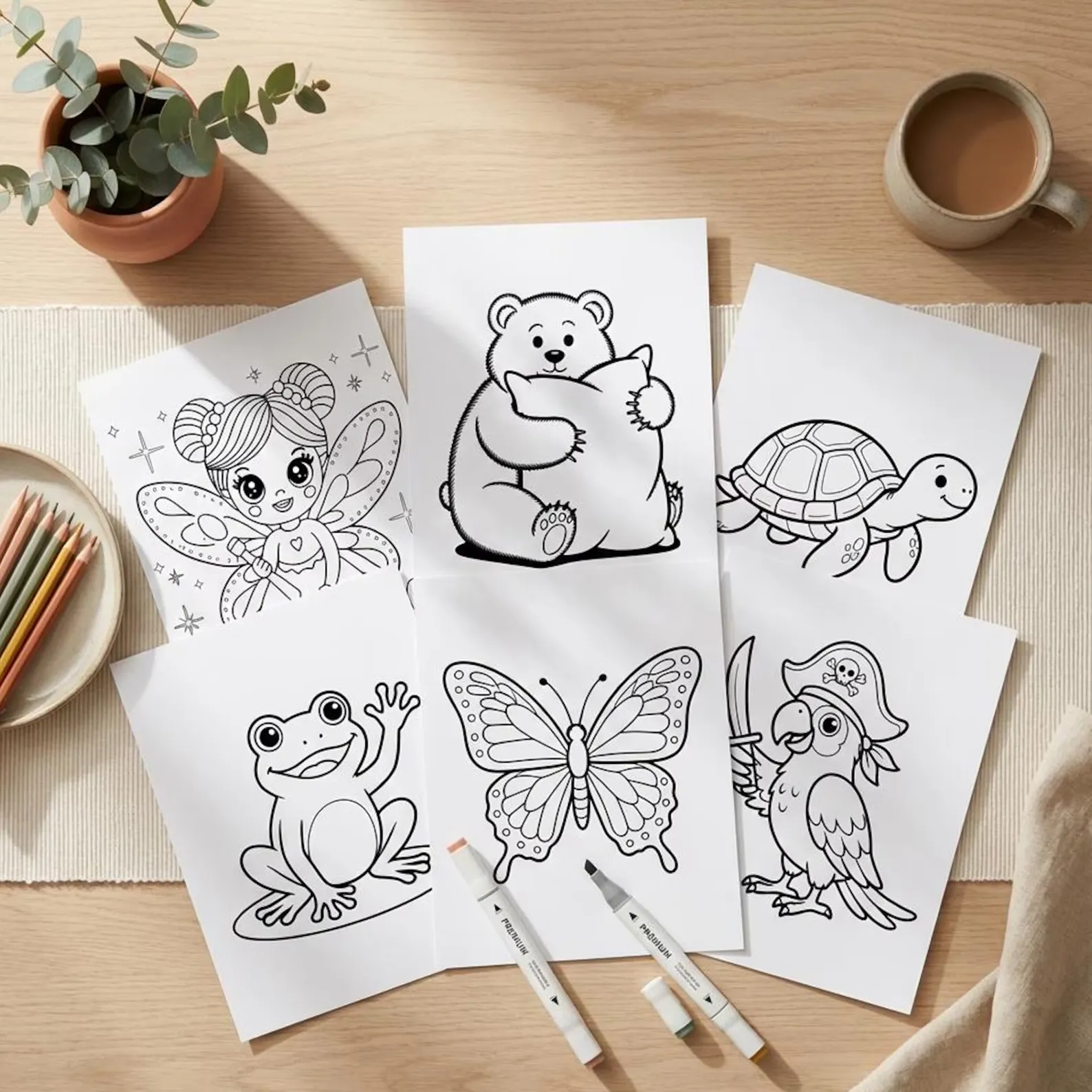 Printed coloring pages flat lay with pencils and markers